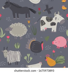 Vector seamless pattern with cute hand drawn farm animals and plants. Childish texture for fabric, textile, apparel. Endless background for children