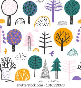 Vector seamless pattern with cute hand drawn forest. Forest landscape. 