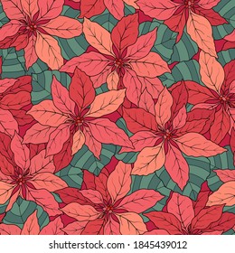 Vector seamless pattern with cute hand drawn poinsettia. Beautiful texture for Christmas and New Year decoration, wrapping paper, gift, fabric, textile, holiday ad, digital post, blog, print.