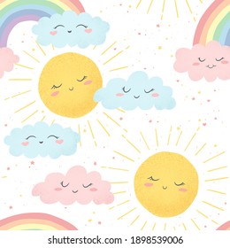 Vector Seamless Pattern With Cute Hand Drawn Cartoon Sun, Clouds And Rainbows Isolated On White Background. Design For Print, Fabric, Wallpaper, Card, Baby Room Decoration