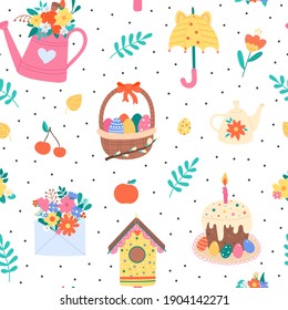 Vector Seamless Pattern with Cute Hand Drawn Spring Elements. Ornament with Garden Tools, Decorative Easter Objects in Flat style. Illustration for Print, Design, Wrapping Paper, Wallpaper,Textile.