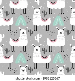 vector seamless pattern with cute hand drawn white alpacas and cacti on grey background. trend illustration in flat style