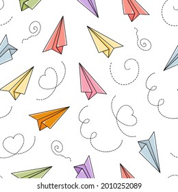 Vector seamless pattern with cute hand drawn origami paper planes isolated on white background. Colorful graphic texture for package, wrapping paper, gift, fabric, textile, print, banner, wallpaper.