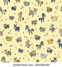 Patrón de vectores sin fisuras con lindos animales de granja dibujados a mano vacas, caballos, cerdos, ovejas. Textura chilena para tela, textil, prendas de vestir. Un entorno infinito, alegre, colorido y adorable para los niños.