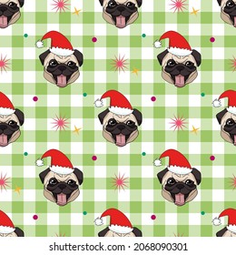 Vector seamless pattern with cute hand drawn pug heads in Christmas hats with stars and circles on light green and white plaid background. Endless texture with funny cartoon dogs for New year design