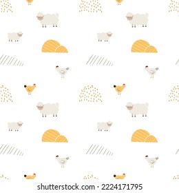 Vector seamless pattern with cute hand drawn farm animals, sheep and chicken. Cozy farm minimalist nursery background for print, wallpaper, kids wear, fashion