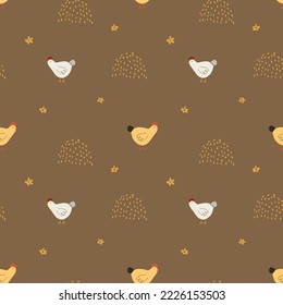 Vector Seamless pattern with cute hand drawn chicken and harvest farm elements. Cozy farm background