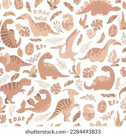 Vector seamless pattern with cute hand drawn cartoon dinosaurs, leaves and branches isolated on white background. Boho illustration for print, wallpaper, card, nursery decoration, textile