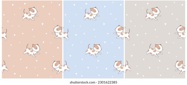 Vector Seamless Pattern with Cute Hand Drawn White-Brown Little Puppy. Lovely  Repeatable Design with Funny Baby Dogs and Tiny Hearts on a Beige, Gray and Blue Background. Sweet Baby Amstaff Print.