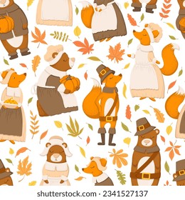 Vector seamless pattern with cute hand drawn cartoon foxes, bears, leaves and branches isolated on white background. Thanksgiving illustration for card print, wallpaper, poster