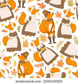 Vector seamless pattern with cute hand drawn cartoon foxes, autumn leaves and branches isolated on white background. Thanksgiving illustration for card print, wallpaper, poster