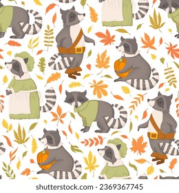 Vector seamless pattern with cute hand drawn cartoon raccoons, autumn leaves and branches isolated on white background. Thanksgiving illustration for card, print, wallpaper, poster