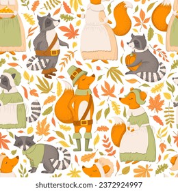 Vector seamless pattern with cute hand drawn cartoon raccoons, foxes, autumn leaves and branches isolated on white background. Thanksgiving illustration for card, print, wallpaper, poster