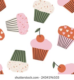 Vector seamless pattern with cute hand drawn cupcakes. Lovely endless background with sweet cupcakes for nursery, Valentines designs, romantic holidays, fabrics, wallpaper. Flat vector illustration