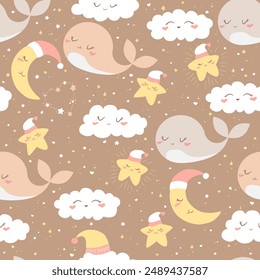 Vector seamless pattern with cute hand drawn cartoon clouds, whales, moon and stars isolated on brown background. Pastel design for print, fabric, wallpaper, card, nursery decoration