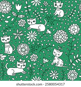 Vector seamless pattern with cute hand drawn doodle cats and flowers on green background for kids and baby room decor