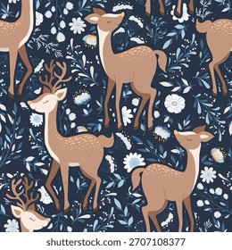 Vetor padrão sem emenda com veados desenhados à mão bonitos, plantas e elementos florais isolados no fundo azul escuro. Ilustração animal da floresta de inverno para cartão, impressão, tecido