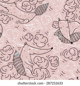 vector seamless pattern with cute hand drawn foxes