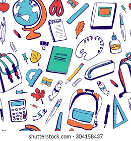 Vector seamless pattern with cute hand drawn school supplies on white background.