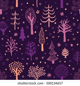 vector seamless pattern with cute hand drawn trees