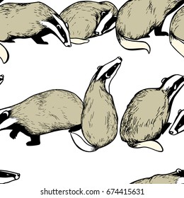 Vector seamless pattern with cute hand drawn badgers. Ink drawing, graphic style. Beautiful design elements.