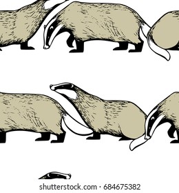 Vector seamless pattern with cute hand drawn badgers. Ink drawing, graphic style. Beautiful design elements.