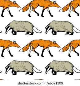 Vector seamless pattern with cute hand drawn badgers and foxes. Ink drawing, graphic style. Beautiful design elements.