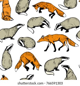 Vector seamless pattern with cute hand drawn badgers and foxes. Ink drawing, graphic style. Beautiful design elements.