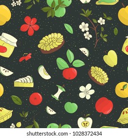 Vector seamless pattern of cute hand-drawn apples, apple pie, flowers, jam jar. Colorful repeat background. Home made food theme. Good for kitchen appliances, table cloth, napkins, cosy, towels