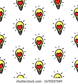 vector seamless pattern with cute hand-drawn light bulbs with hearts on a white background. can be used as Wallpaper, background, print, textile design, notebooks, phone cases, packaging paper.