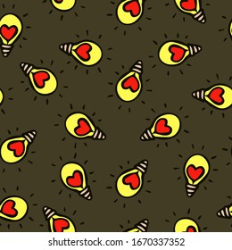 vector seamless pattern with cute hand-drawn light lamps with hearts on a brown background. can be used as Wallpaper, background, print, textile design, notebooks, phone cases, packaging paper.