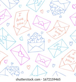 vector seamless pattern with cute hand-drawn envelopes with hearts and declarations of love. it can be used as wallpaper, background, print, textile design, notebooks, phone cases, packaging paper.