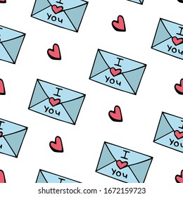 vector seamless pattern with cute hand-drawn envelopes with hearts and declarations of love. it can be used as wallpaper, background, print, textile design, notebooks, phone cases, packaging paper.