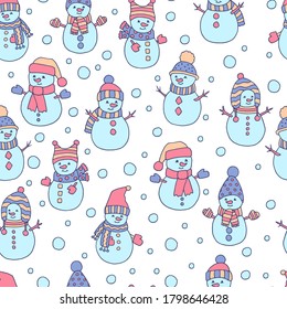 Vector seamless pattern with cute hand-drawn snowmen and snowballs, for cover and packaging design, textile printing