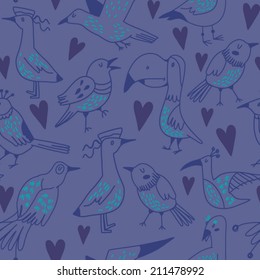 Vector seamless pattern of cute hand-drawn cartoon birds.