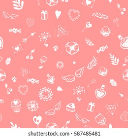 Vector seamless pattern with cute handdrawn lovely elements. White on pink beige salmon color background. Wrapping paper, wallpaper, packaging, fabric textile.