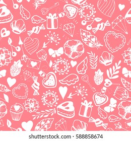 Vector seamless pattern with cute handdrawn lovely elements. White on pink beige salmon color background. Wrapping paper, wallpaper, packaging, fabric textile.