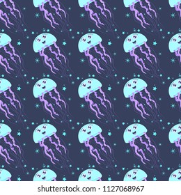 Vector seamless pattern with cute happy turquoise jellyfish on the dark blue background with stars.