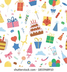 Vector seamless pattern with cute happy Birthday design elements. Party celebration repeating background. Vector holiday digital paper with bright presents, cake with candles, balloons, flags. 
