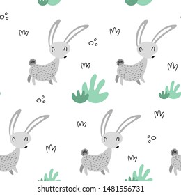 Vector seamless pattern with cute hares. Background in Scandinavian style. Children's print

