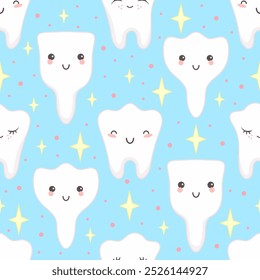 Vector seamless pattern with cute healthy teeth on blue background - for kids dental design. Kawaii style. Cartoon.