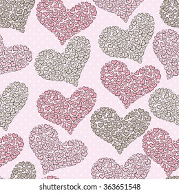 Vector seamless pattern with cute hearts made of others small hearts on polka dots background. Doodle hearts pattern. Hand draw vector romantic pattern with hearts