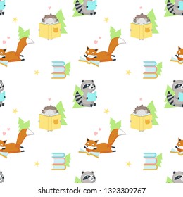 Vector seamless pattern with cute hedgehog, fox and raccoon reading books. Funny reading animals background, wallpaper, fabric, wrapping paper.