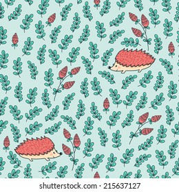 Vector seamless pattern with cute hedgehog and floral elements. Hand drawing forest texture with smiling animals.