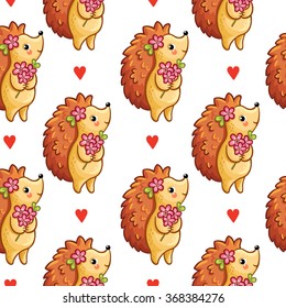 Vector seamless pattern with cute hedgehog on a white background. Perfect for greeting cards for Valentine's Day.