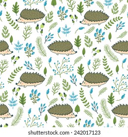 Vector seamless pattern with cute hedgehogs and floral elements. Hand drawing forest texture with smiling animals.