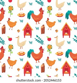 Vector seamless pattern with cute hens, roosters, chickens, geese and plants on a white background. Farm birds. For wrapping paper, textile, decorations, packaging paper. Baby fabric design. 