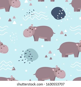 Vector seamless pattern Cute hippo, Adorable hippopotamus seamless pattern. Vector cute animal background