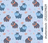 Vector seamless pattern with cute hippos and leaves. Cute hippopotamus isolated on blue background. Happy hippos pattern, animal print perfect for kids textile.