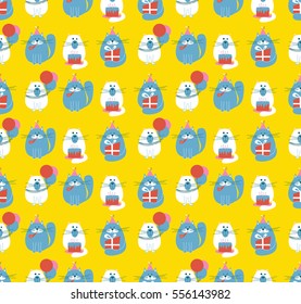 Vector seamless pattern with cute holidays cats. B-day background with pets, cakes and  balloons.